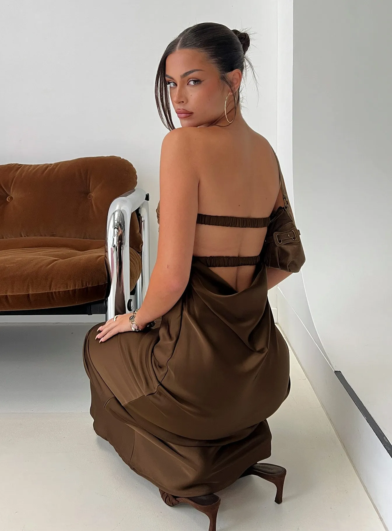 Faviola Strapless Maxi Dress Chocolate sold by Princess Polly