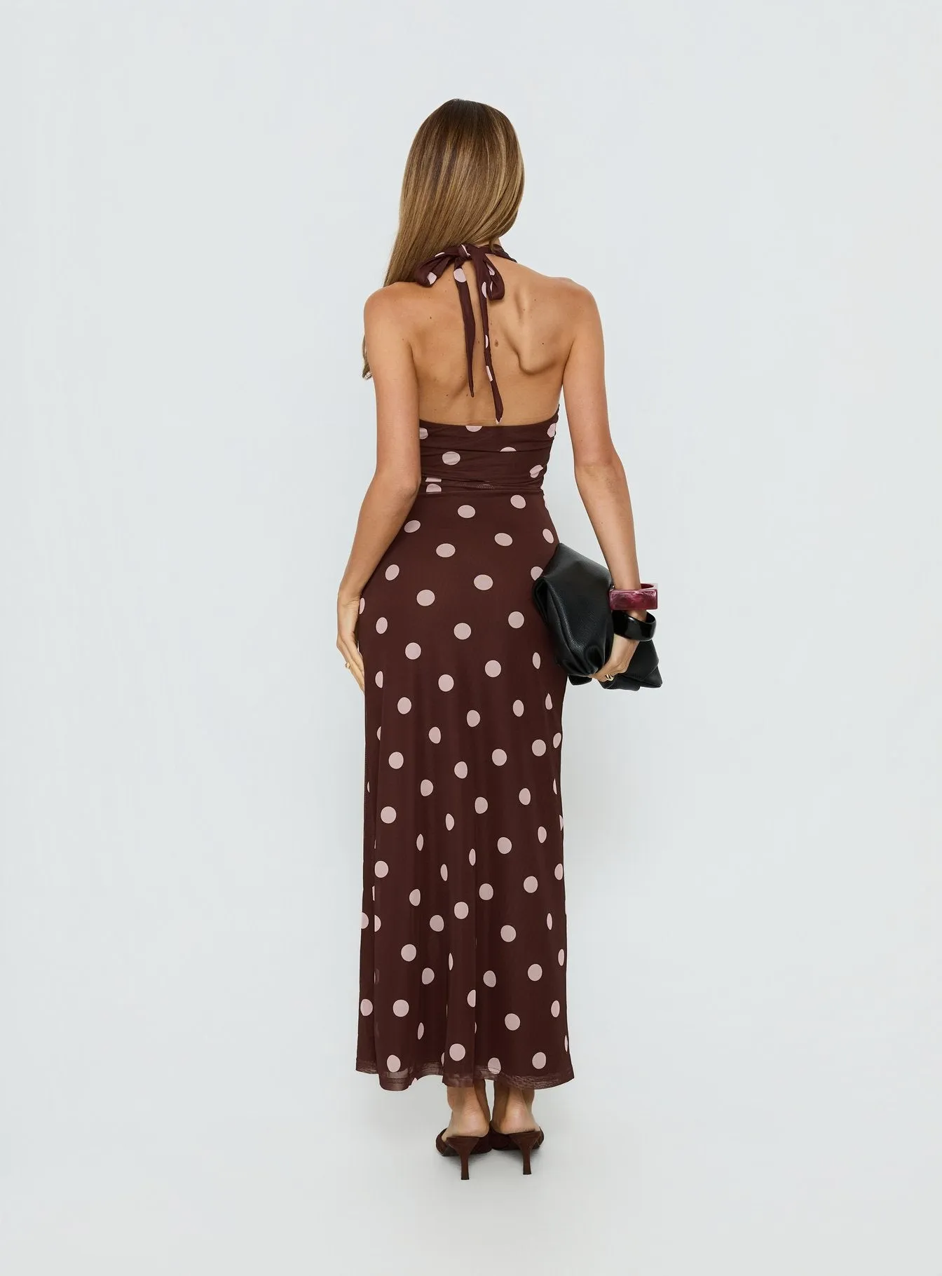 Saviana Halter Ruched Maxi Dress Chocolate / Pink Polka Dot sold by Princess Polly product image thumbnail 5