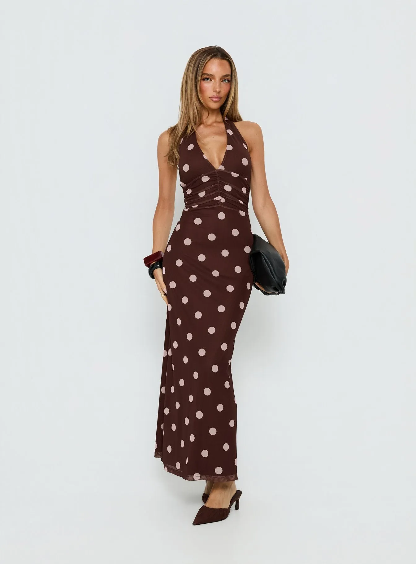 Saviana Halter Ruched Maxi Dress Chocolate / Pink Polka Dot sold by Princess Polly product image thumbnail 2