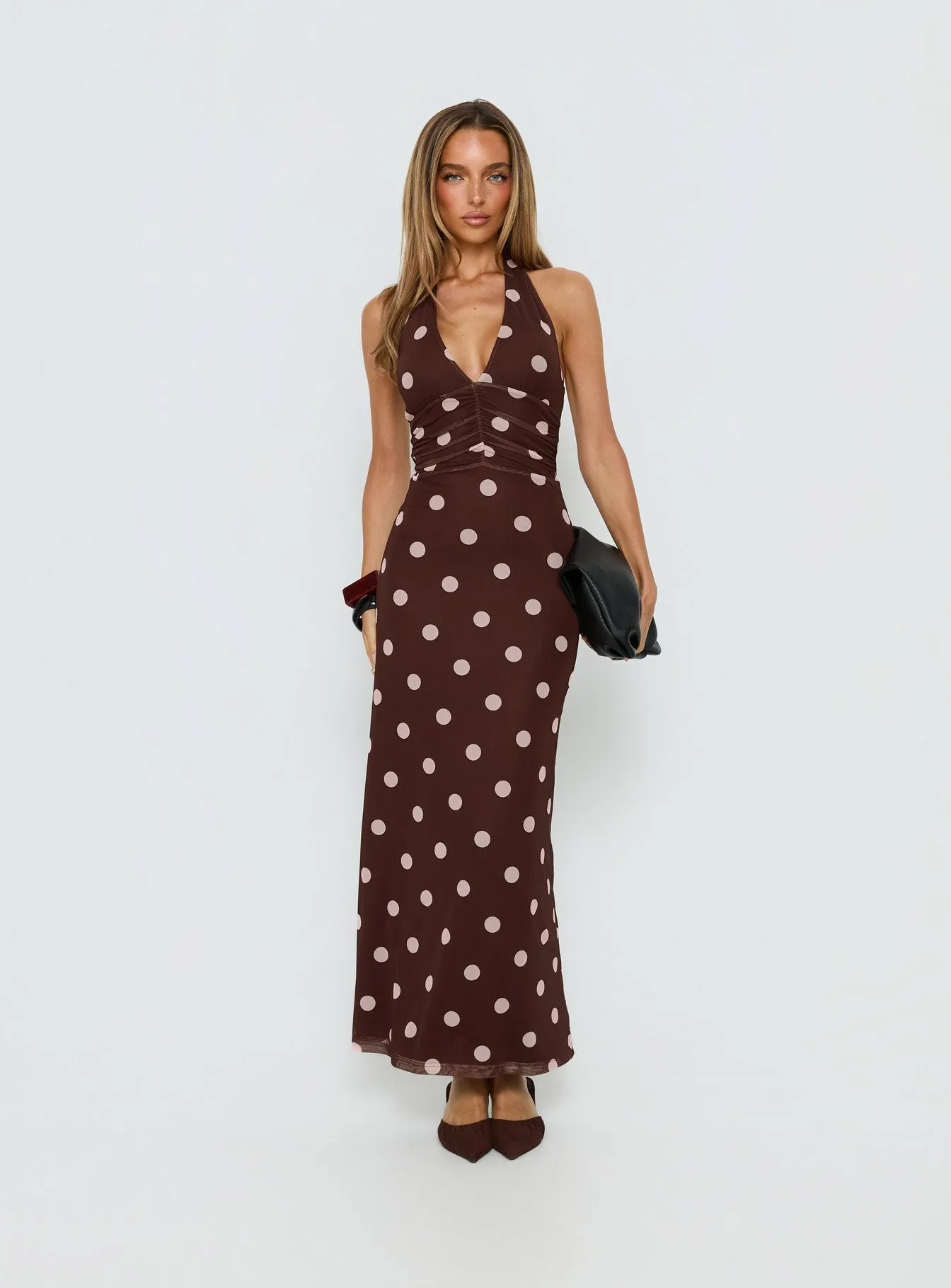 Saviana Halter Ruched Maxi Dress Chocolate / Pink Polka Dot sold by Princess Polly product image thumbnail 3
