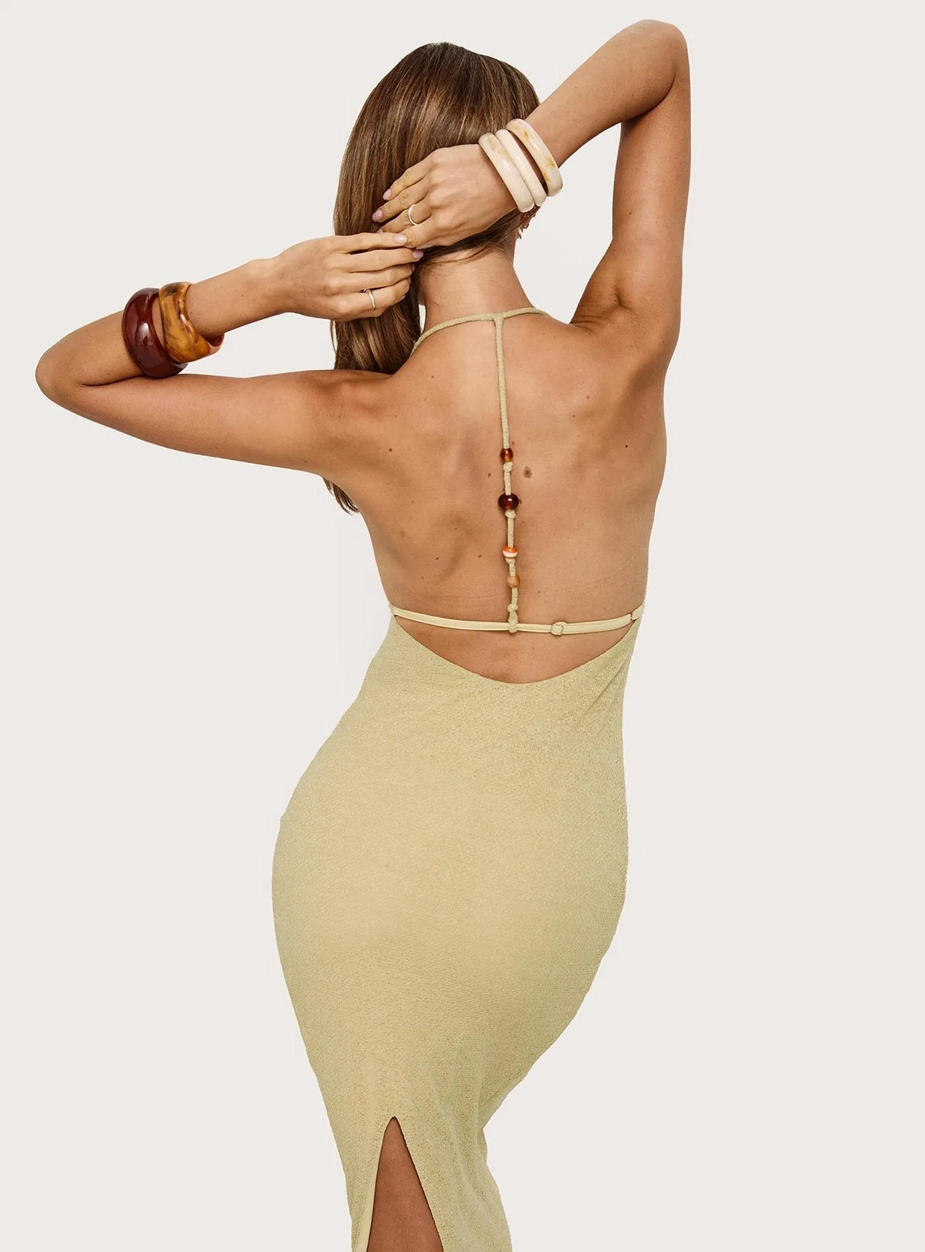 Be The One Beaded Low Back Maxi Dress Sage Green sold by Princess Polly
