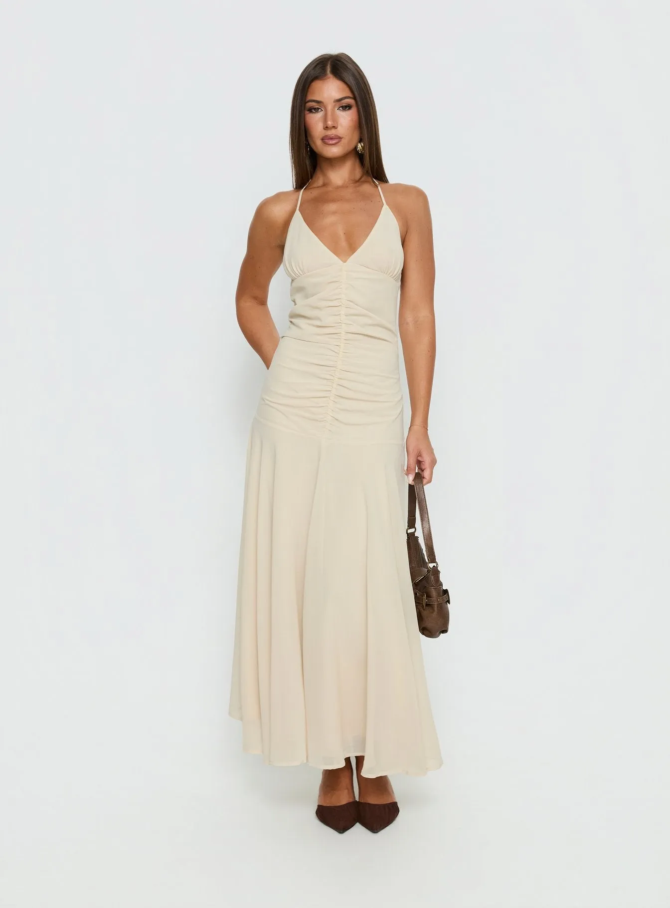 Carlisla Ruched Halter Maxi Dress Yellow sold by Princess Polly product image thumbnail 3