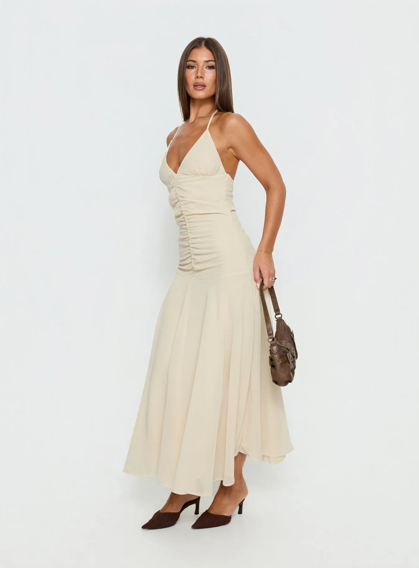 Carlisla Ruched Halter Maxi Dress Yellow sold by Princess Polly product image thumbnail 4