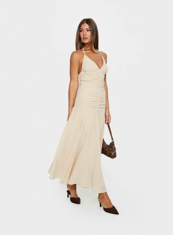 Carlisla Ruched Halter Maxi Dress Yellow made by Princess Polly