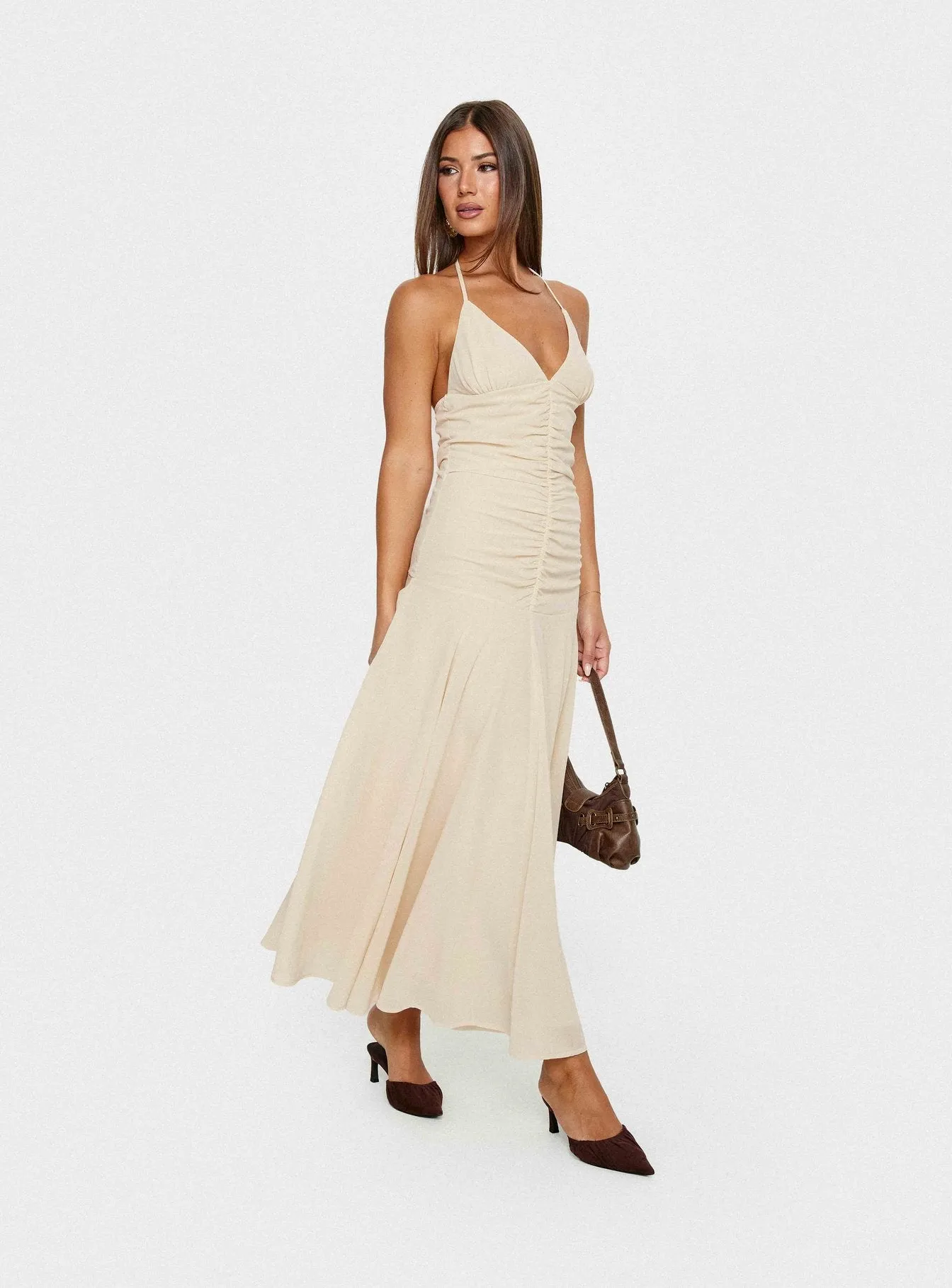 Carlisla Ruched Halter Maxi Dress Yellow sold by Princess Polly