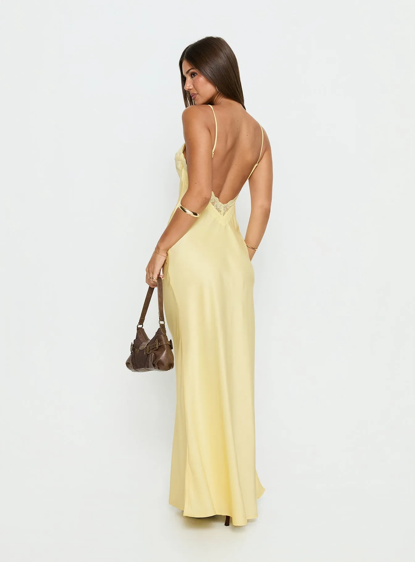 Flip A Switch Satin Lace Slip Maxi Dress Butter sold by Princess Polly