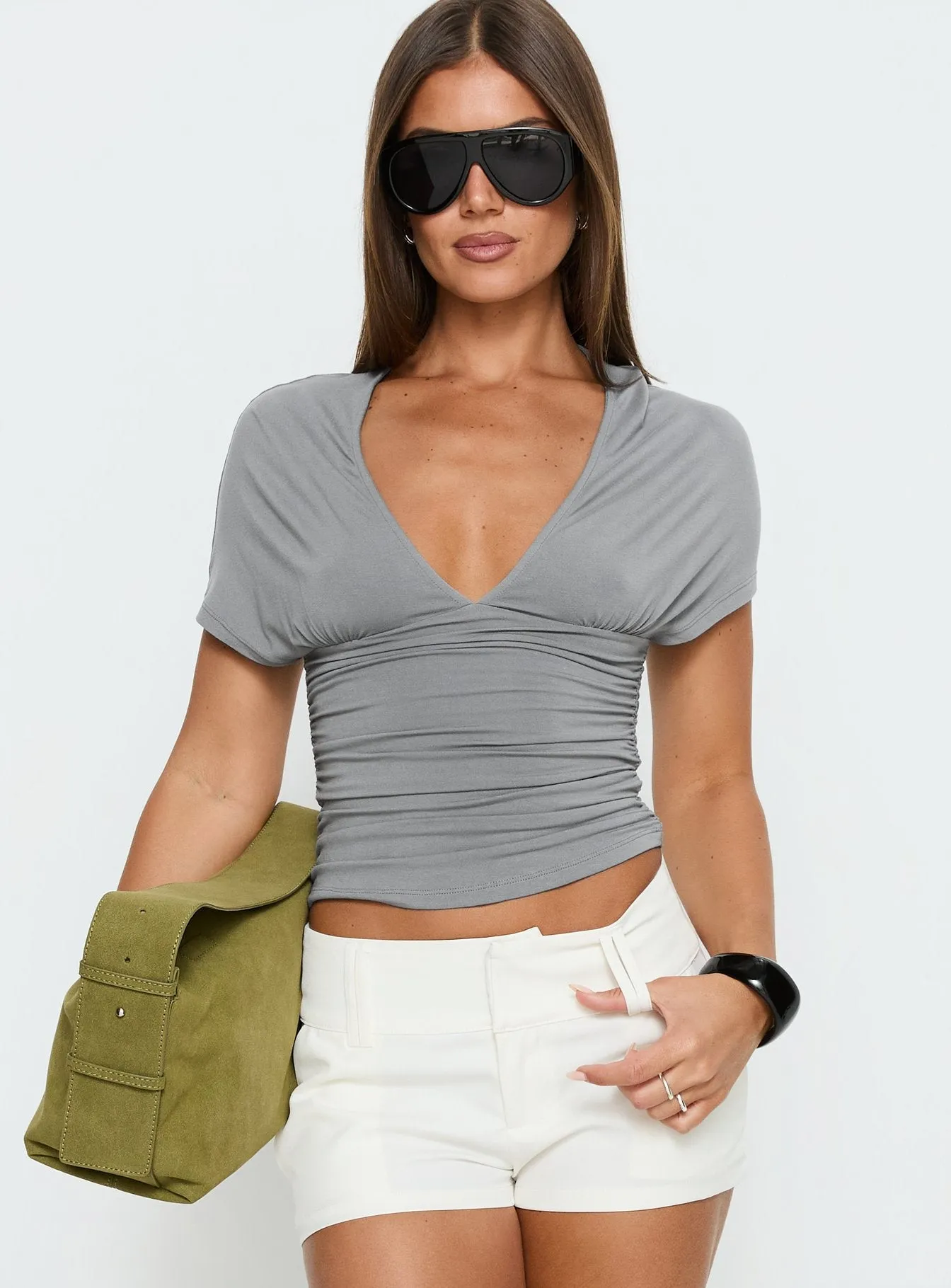 Osari Ruched Short Sleeve Jersey Top Grey sold by Princess Polly product image thumbnail 2