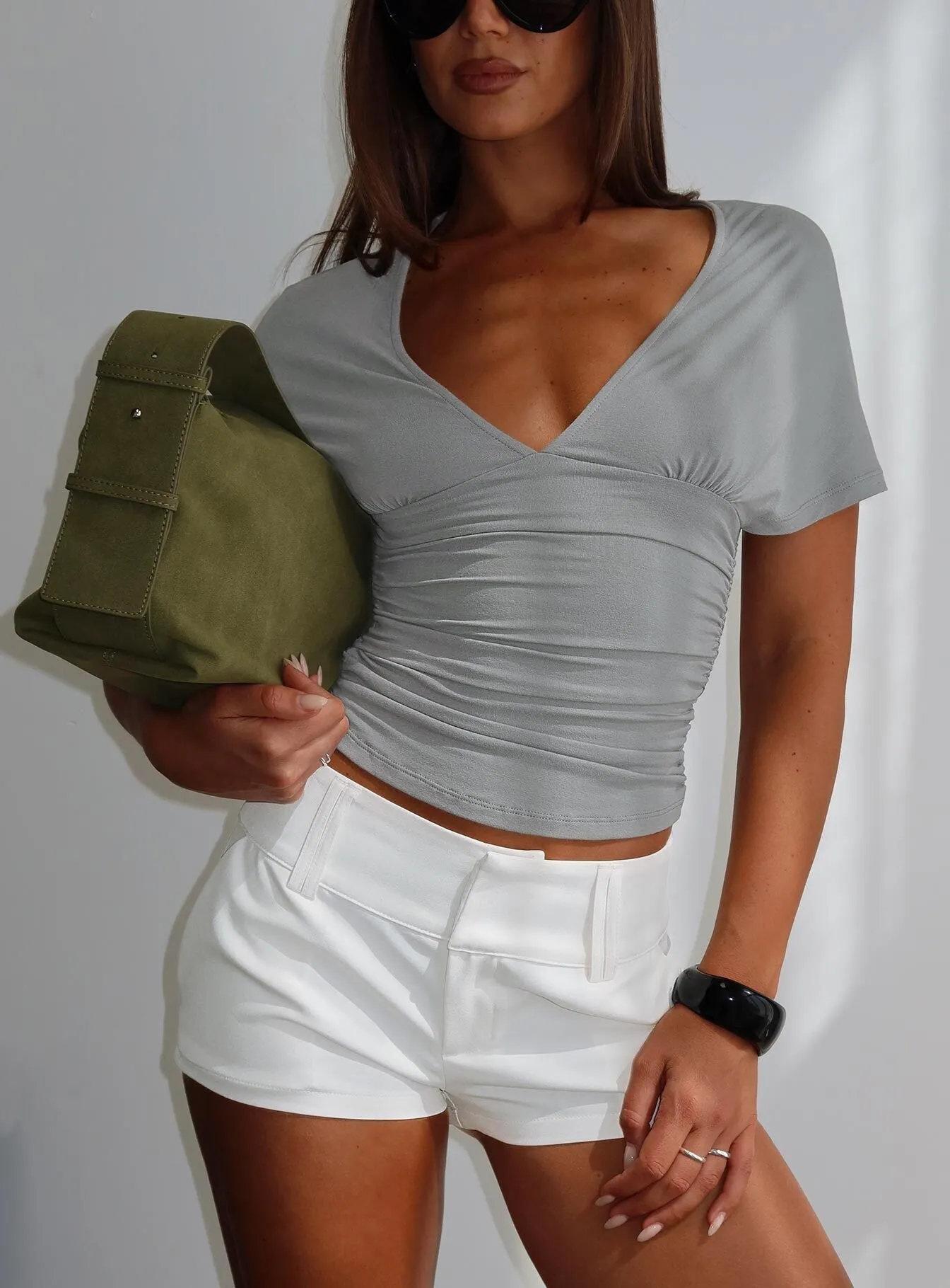 Osari Ruched Short Sleeve Jersey Top Grey sold by Princess Polly