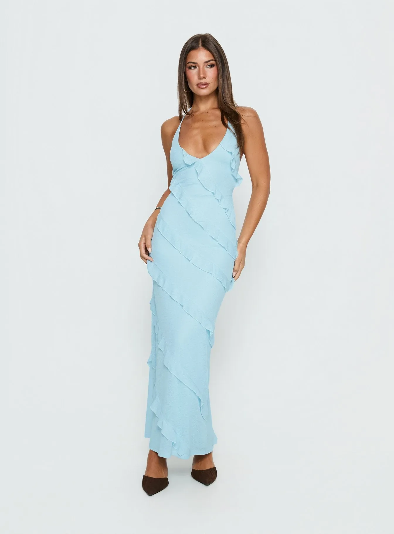 Adesta Frill Halter Maxi Dress Blue sold by Princess Polly