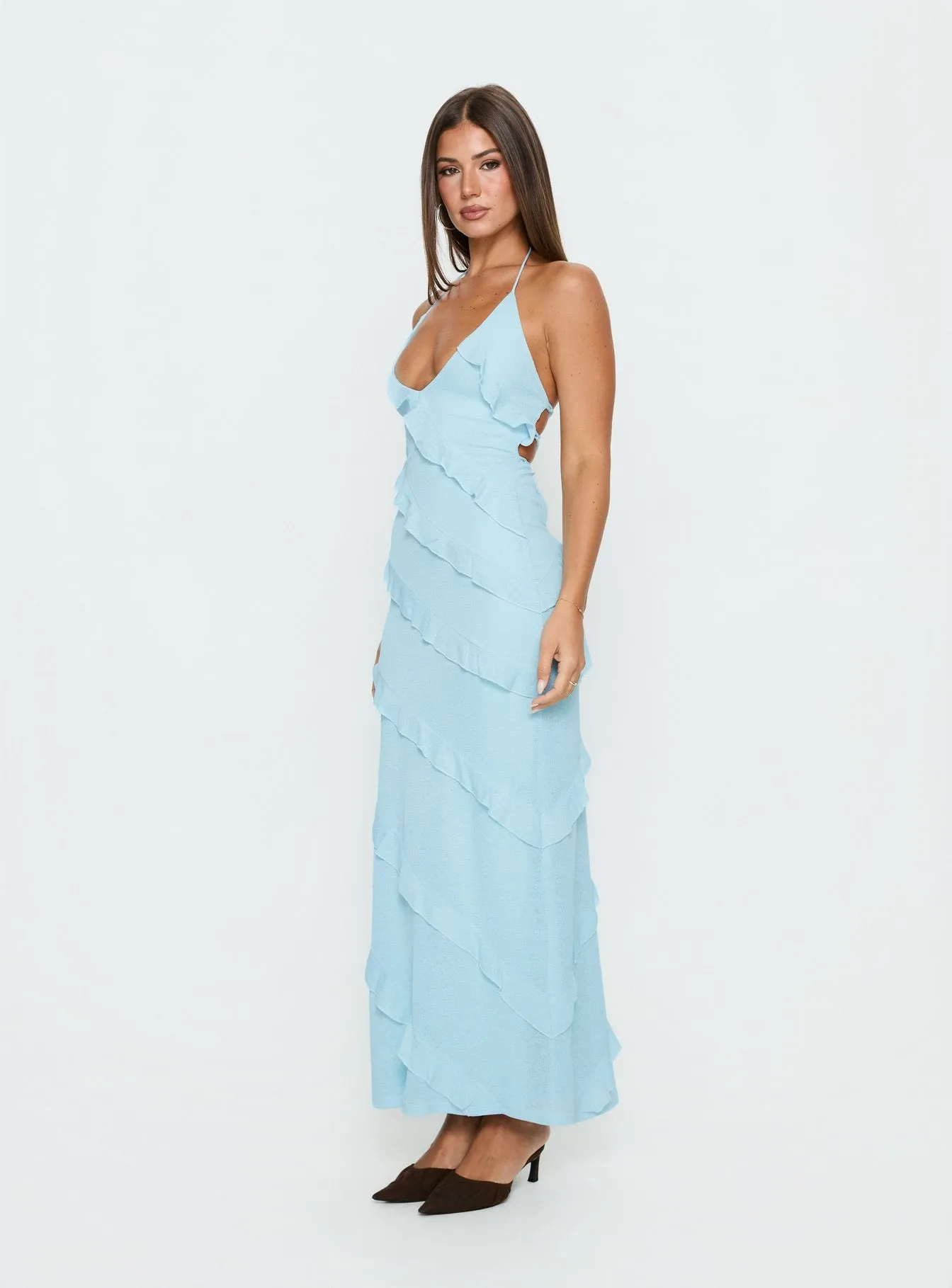 Adesta Frill Halter Maxi Dress Blue sold by Princess Polly product image thumbnail 3