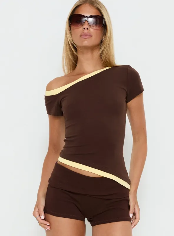 Eustace Off Shoulder Asymmetrical Top Brown / Yellow made by Princess Polly