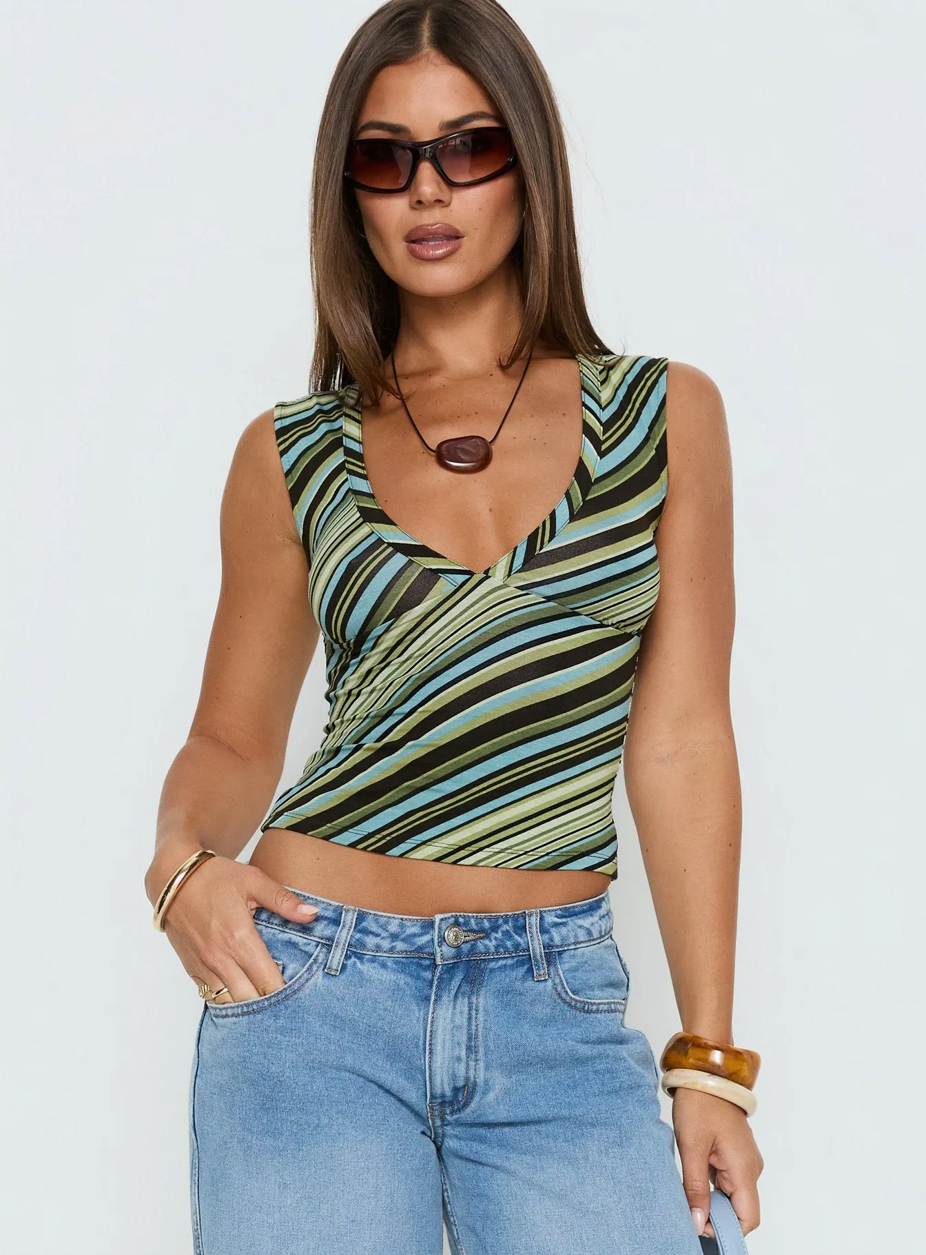 Emberly V Neck Top Green Stripe sold by Princess Polly product image thumbnail 2