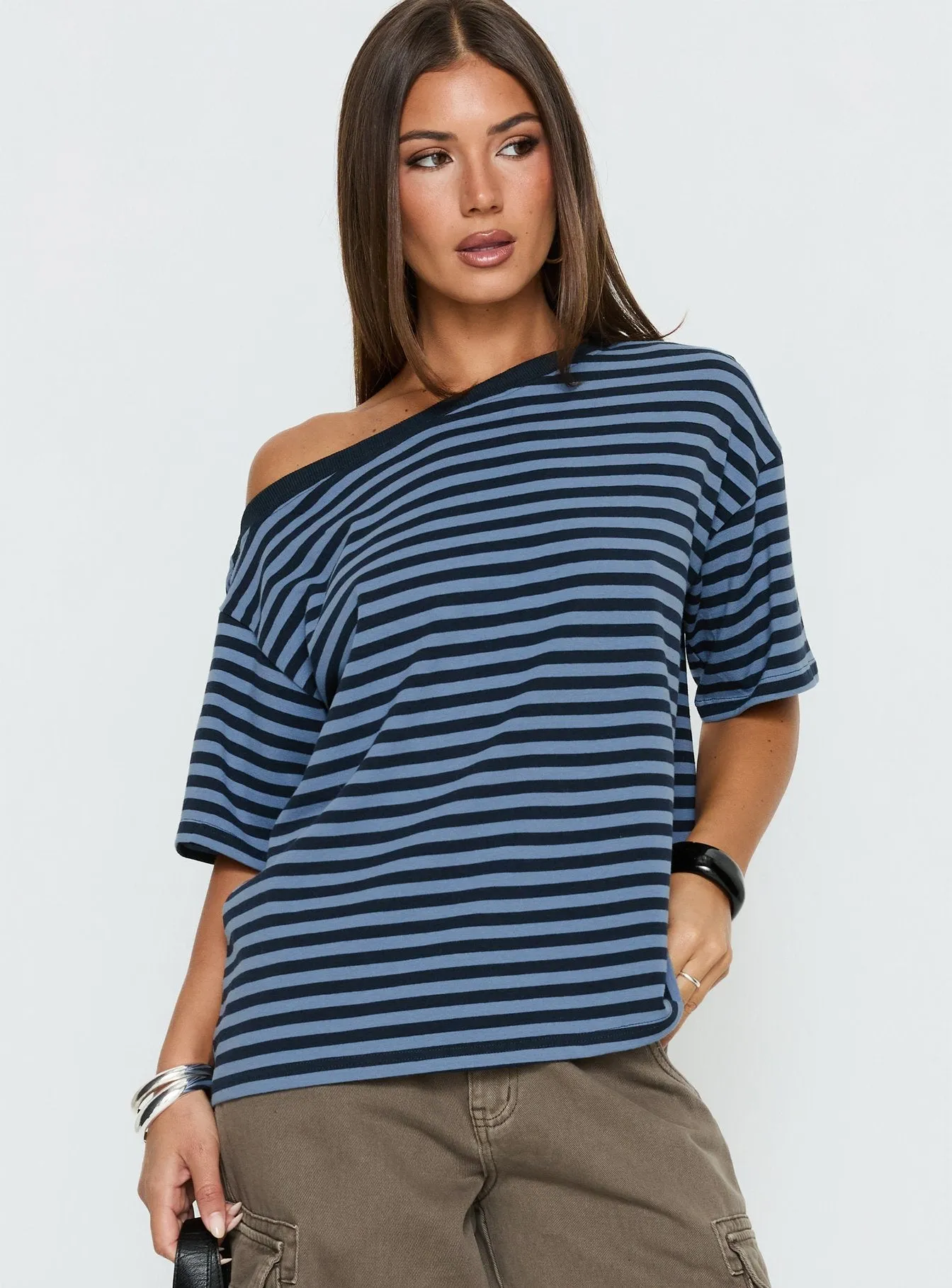 Settle Down One Shoulder Top Blue Stripe sold by Princess Polly product image thumbnail 2