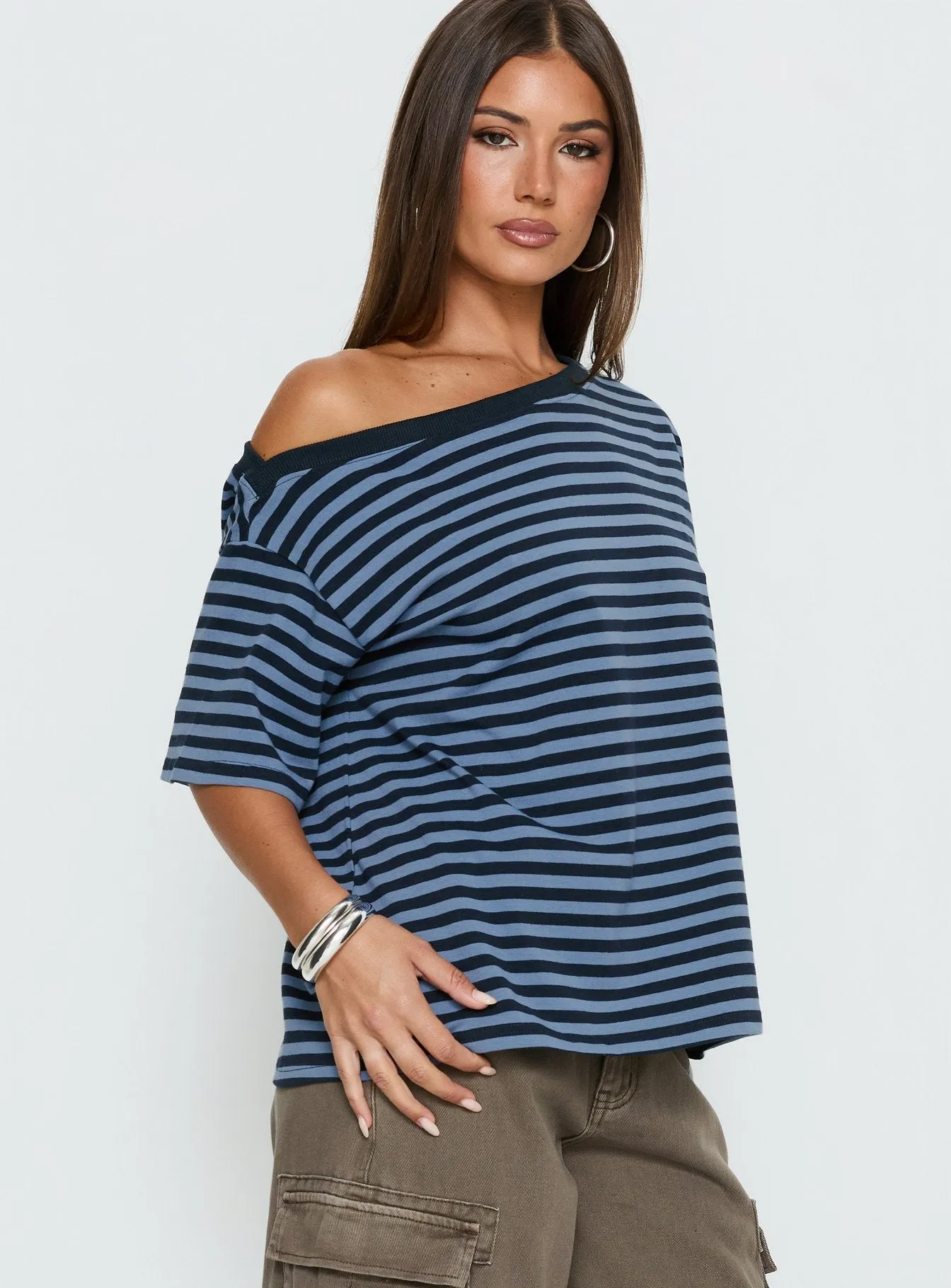 Settle Down One Shoulder Top Blue Stripe sold by Princess Polly product image thumbnail 4