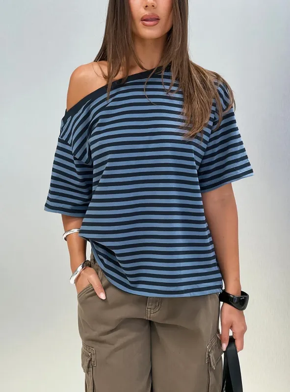 Settle Down One Shoulder Top Blue Stripe made by Princess Polly
