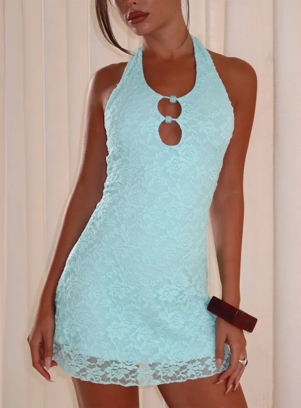 Blue Sky Halter Cut Out Mini Dress Blue made by Princess Polly