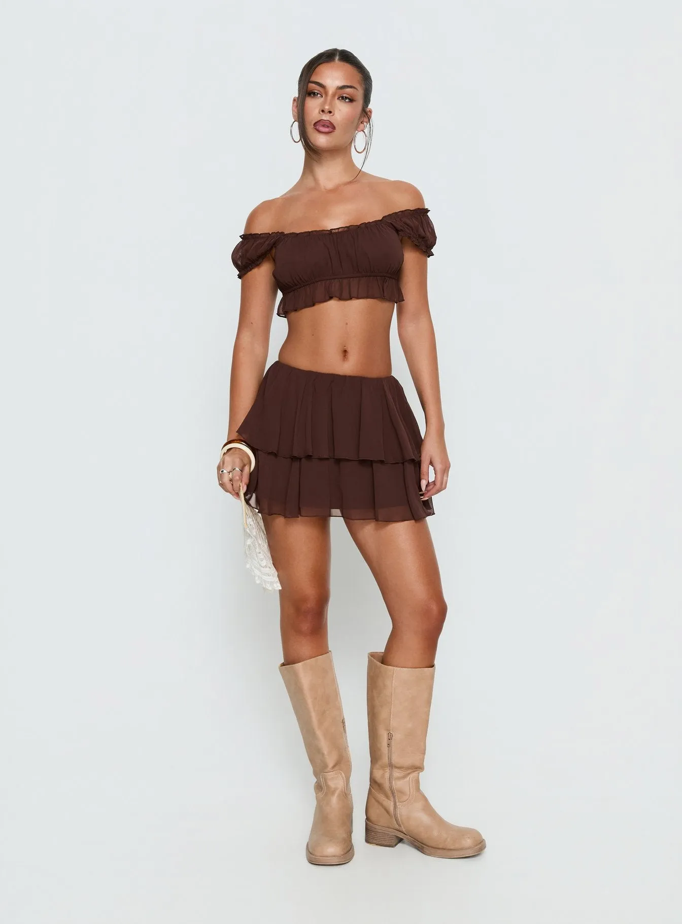 Ackee Tiered Mini Skort Brown sold by Princess Polly product image thumbnail 3