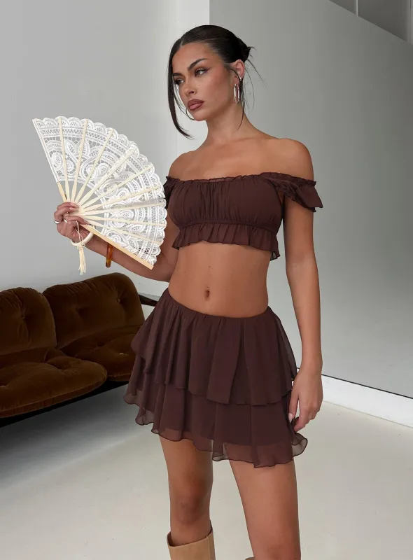 Ackee Ruched Off Shoulder Top Brown made by Princess Polly