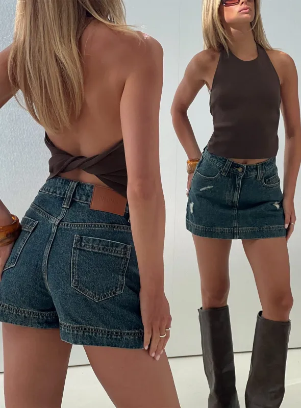 Gazelle Distressed Denim Skort Vintage Blue Wash made by Princess Polly