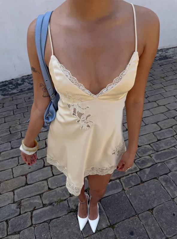 Aloura Spliced Lace Mini Dress Butter made by Princess Polly