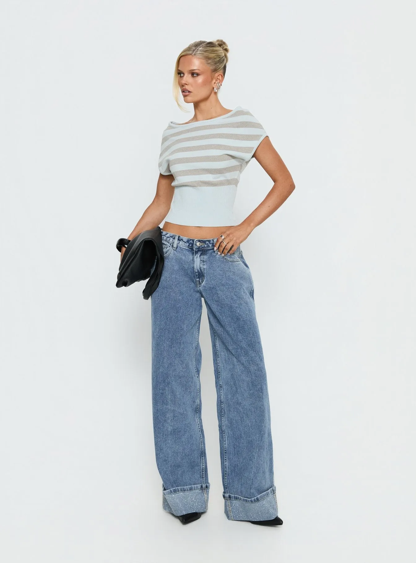 Vianne Cinched Waist Short Sleeve Knit Top Blue / Grey Stripe sold by Princess Polly product image thumbnail 3