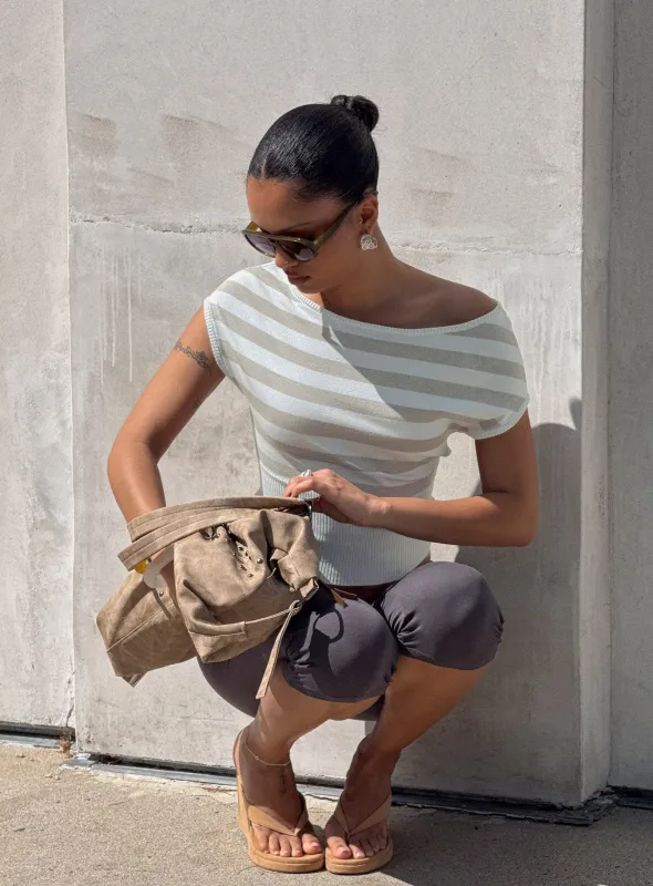 Vianne Cinched Waist Short Sleeve Knit Top Blue / Grey Stripe made by Princess Polly