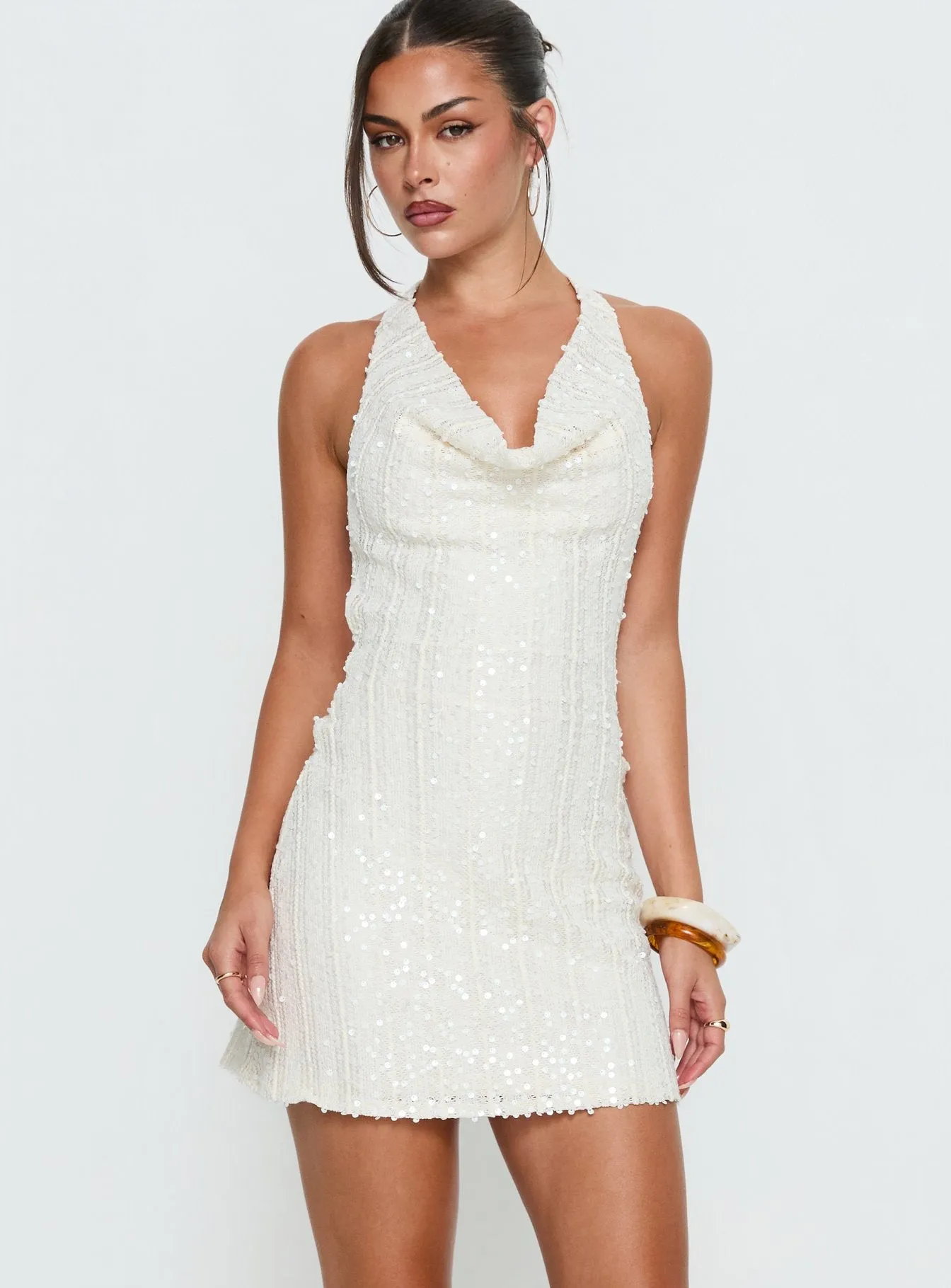 Kaimeila Halter Sequin Mini Dress Cream sold by Princess Polly product image thumbnail 2