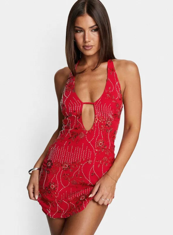Telenova Halter Mini Dress Red made by Princess Polly
