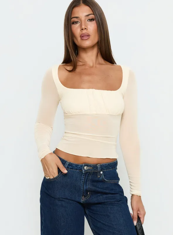 Victoire Long Sleeve Mesh Top Beige made by Princess Polly