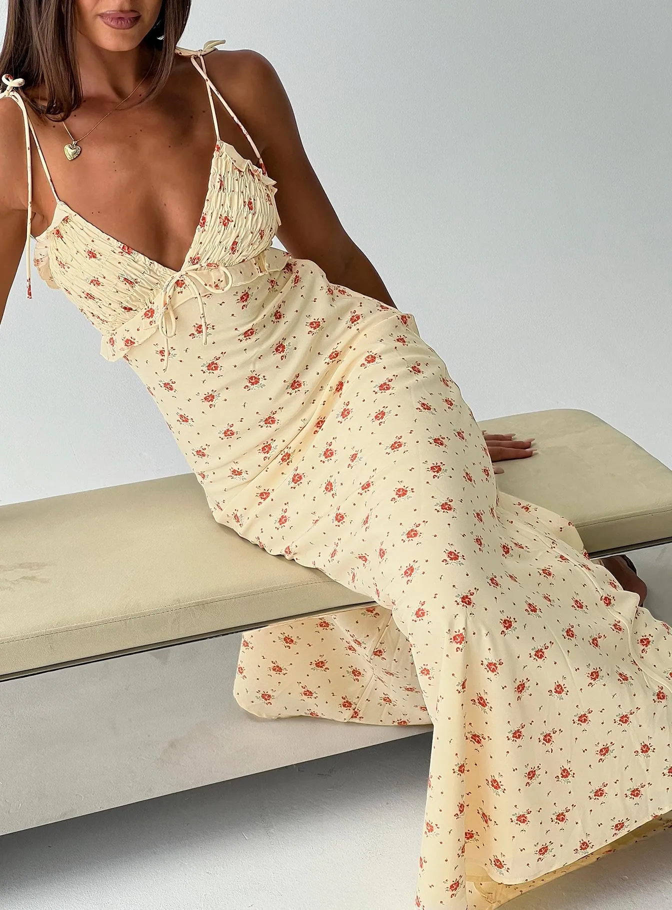 Morcar Frill V Neck Maxi Dress Yellow Floral sold by Princess Polly