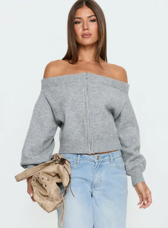 Ortensa Off Shoulder Zip Through Jumper Grey Marle made by Princess Polly