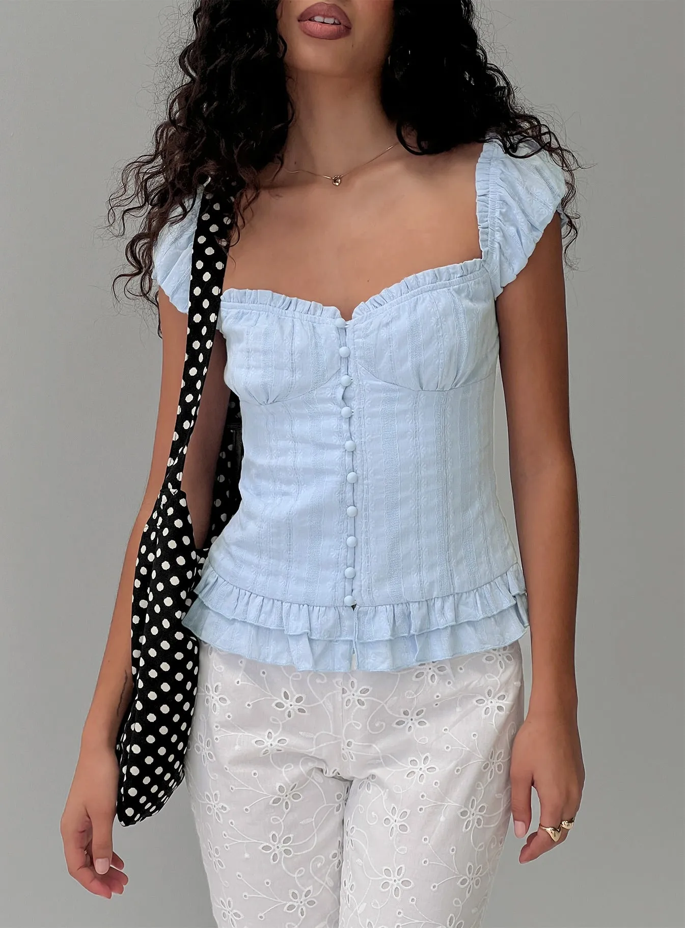 Suiter Frill Detail Top Soft Blue sold by Princess Polly