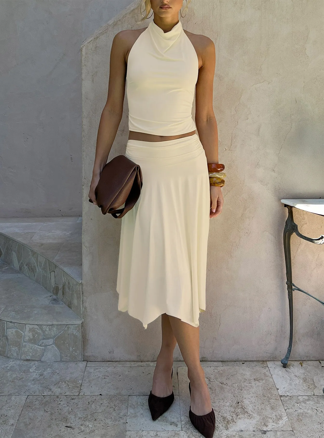 Scenic Route Asymmetrical Midi Skirt Yellow sold by Princess Polly
