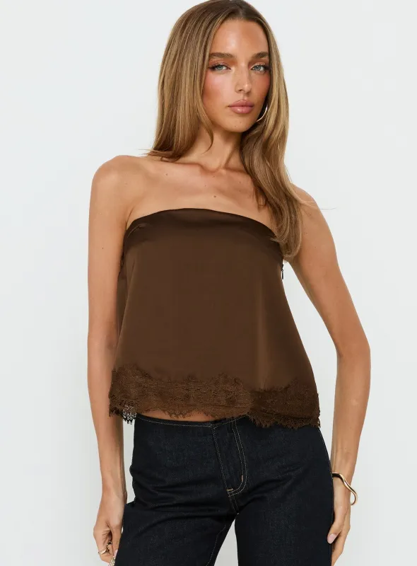 Sheyla Strapless Satin Lace Trim Top Chocolate made by Princess Polly
