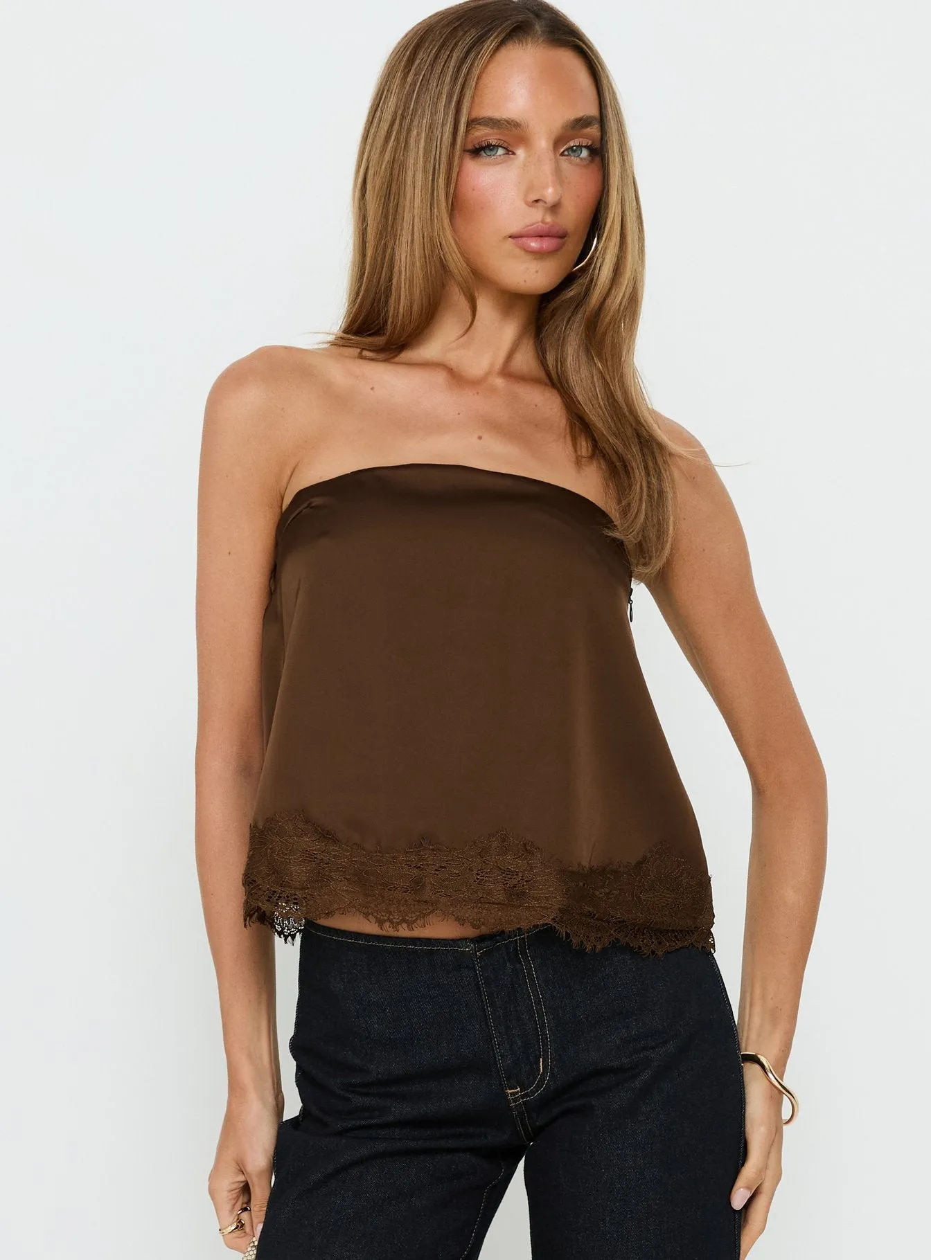 Sheyla Strapless Satin Lace Trim Top Chocolate sold by Princess Polly