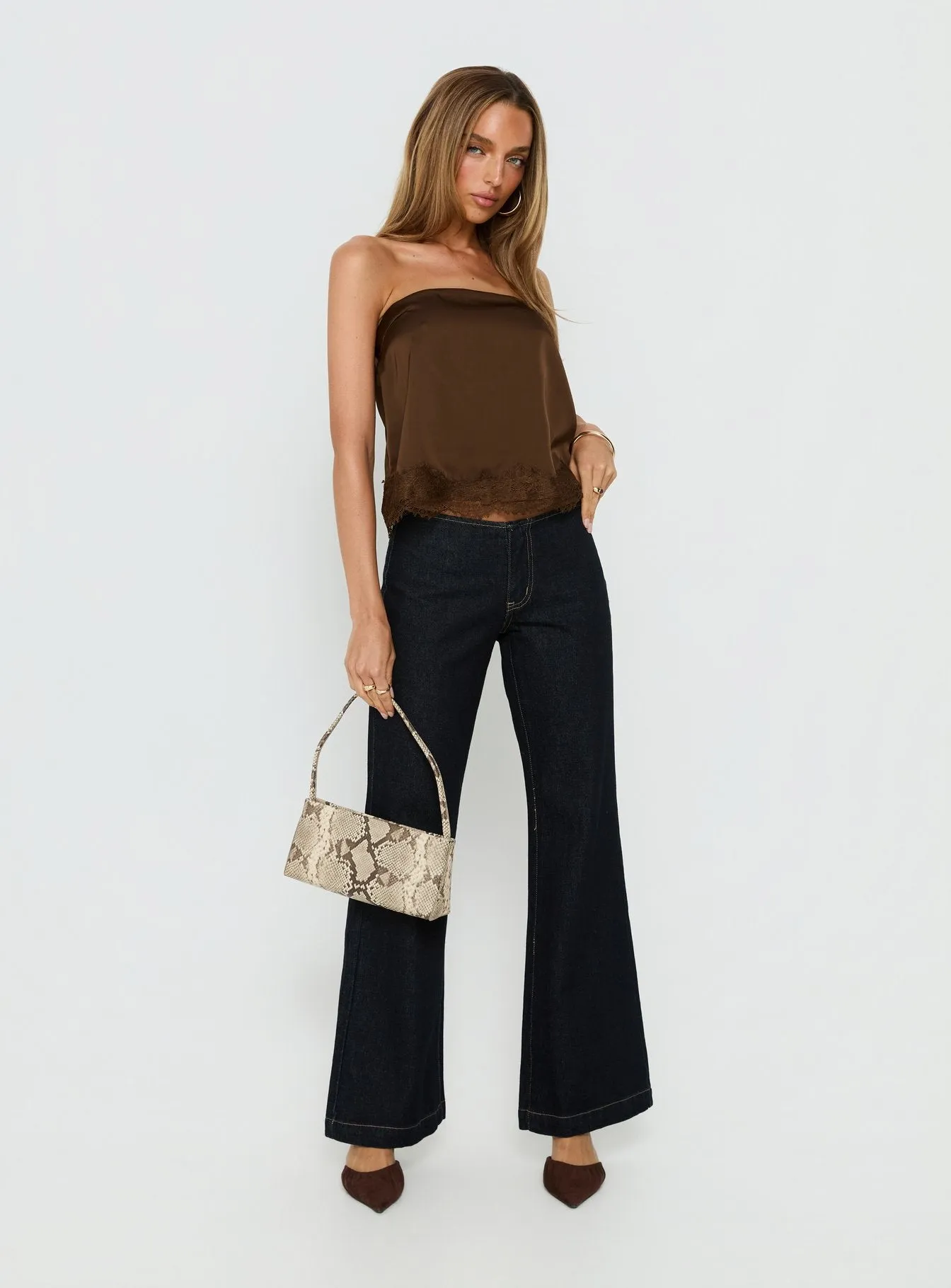 Sheyla Strapless Satin Lace Trim Top Chocolate sold by Princess Polly product image thumbnail 2