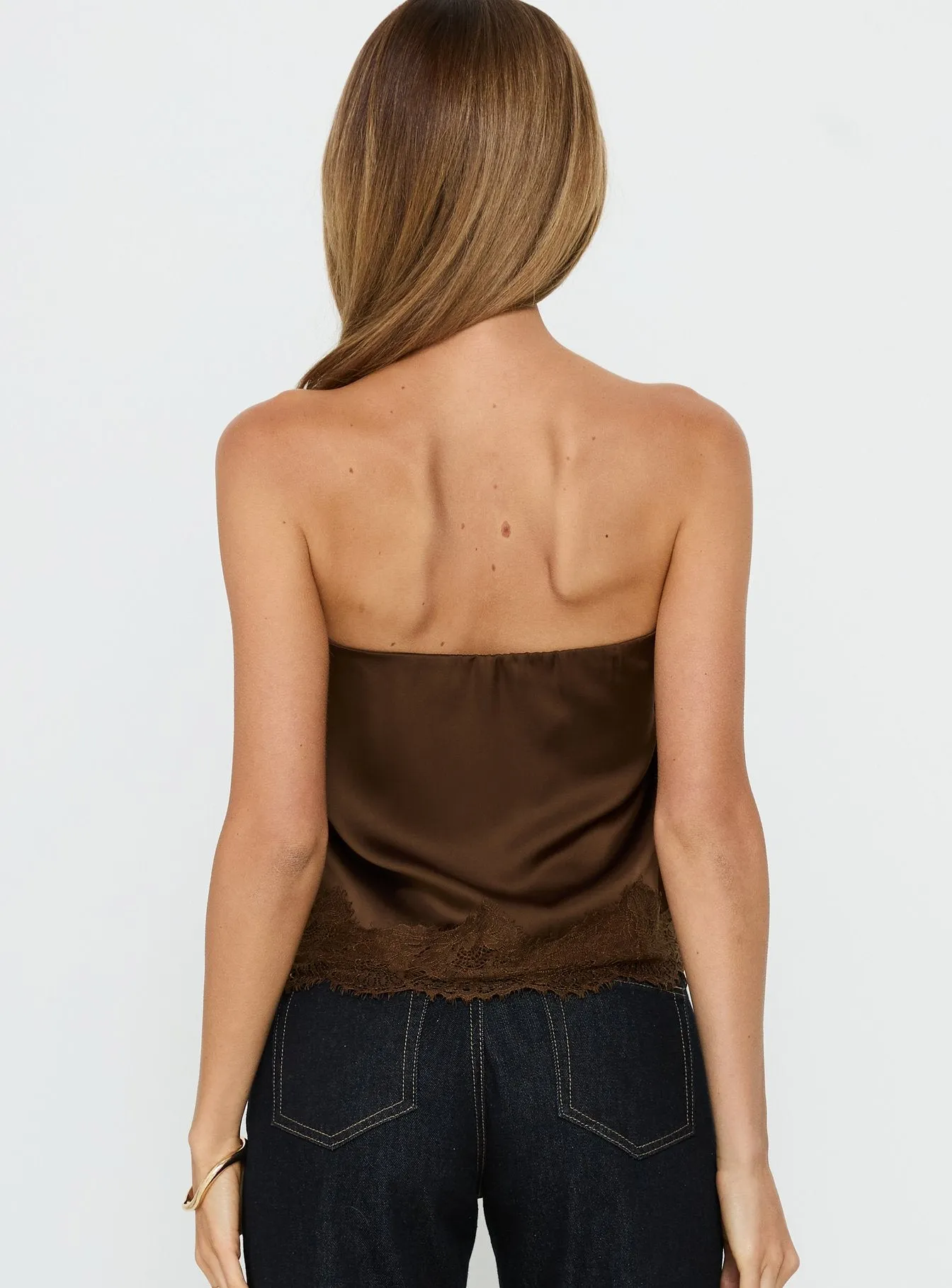 Sheyla Strapless Satin Lace Trim Top Chocolate sold by Princess Polly product image thumbnail 4