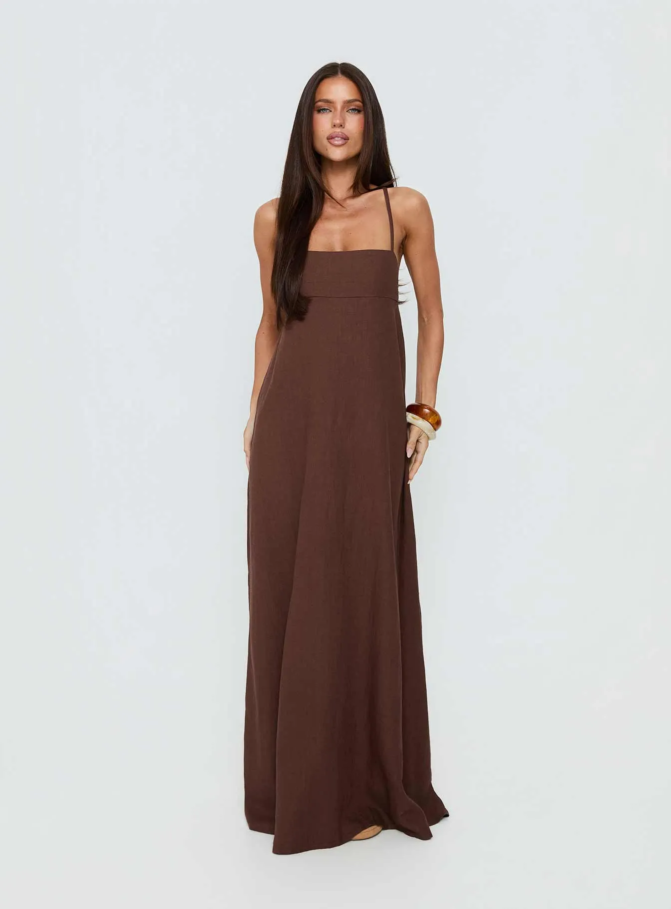 Solie Tie Back Maxi Dress Chocolate sold by Princess Polly