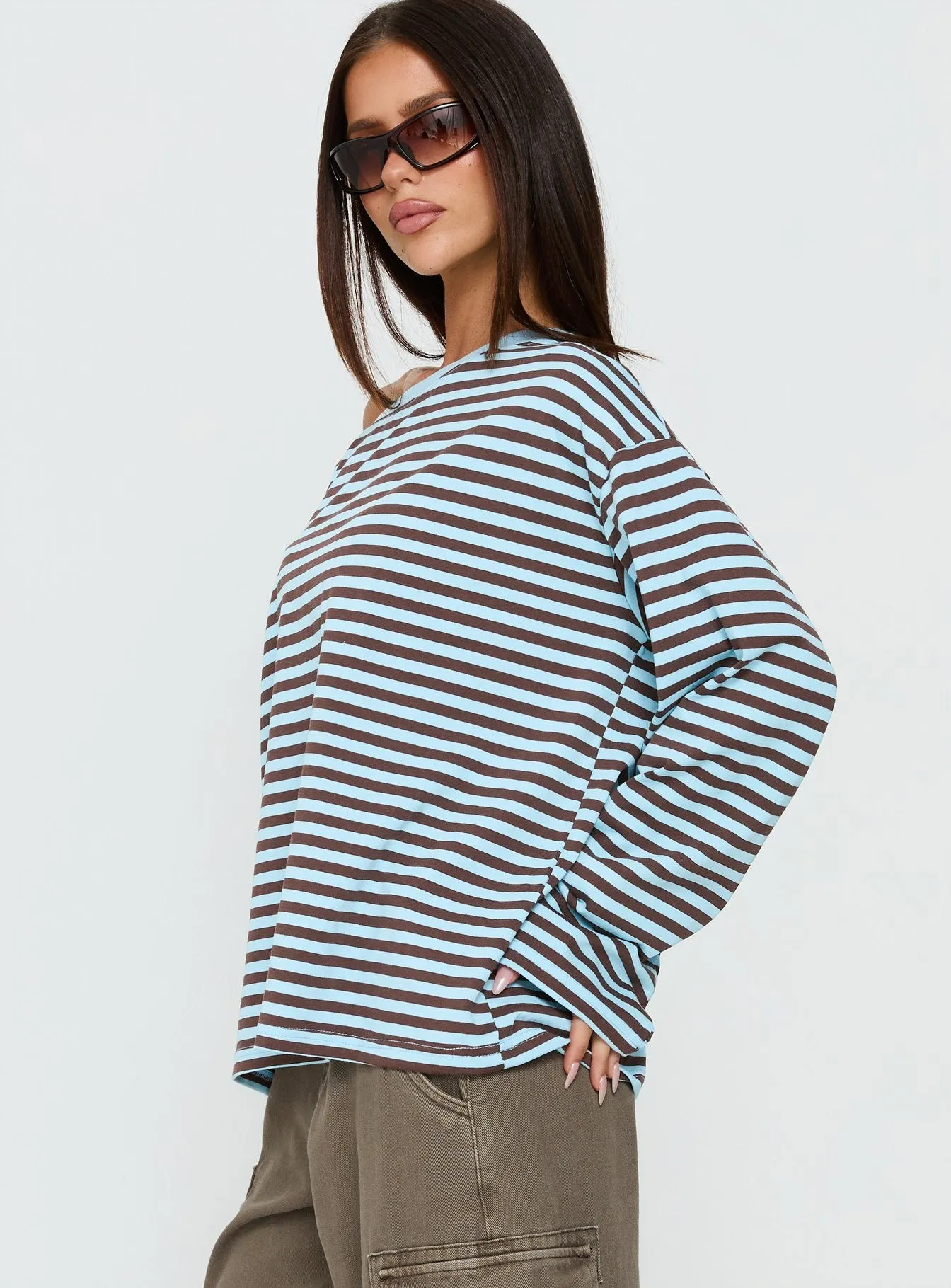 Settle Down One Shoulder Long Sleeve Top Chocolate / Blue Stripe sold by Princess Polly product image thumbnail 4