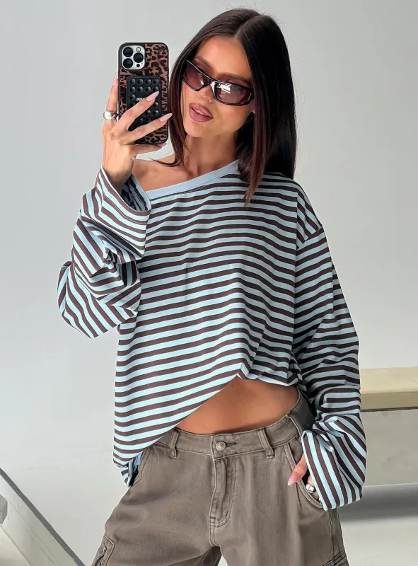 Settle Down One Shoulder Long Sleeve Top Chocolate / Blue Stripe made by Princess Polly