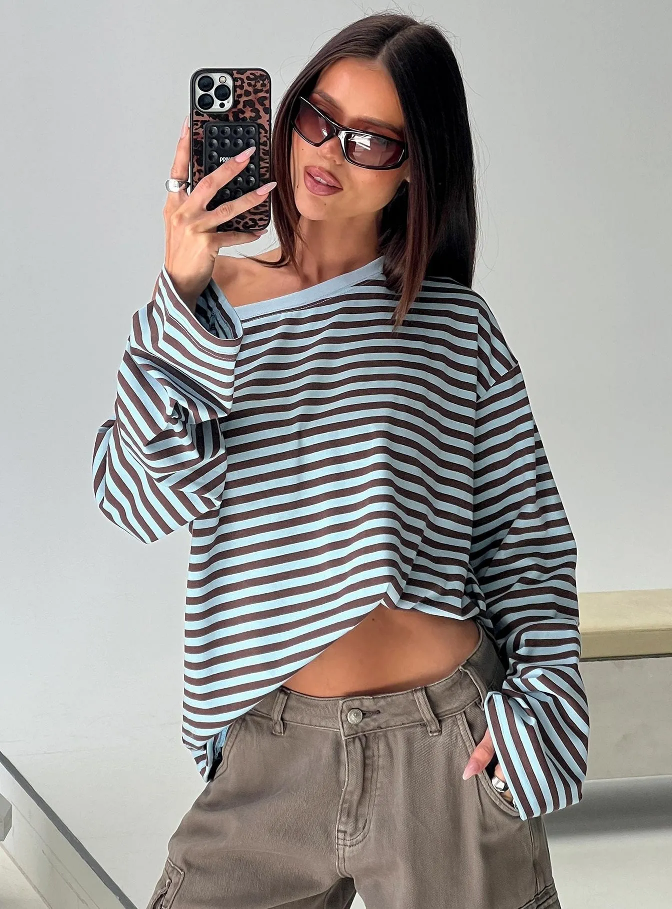 Settle Down One Shoulder Long Sleeve Top Chocolate / Blue Stripe sold by Princess Polly