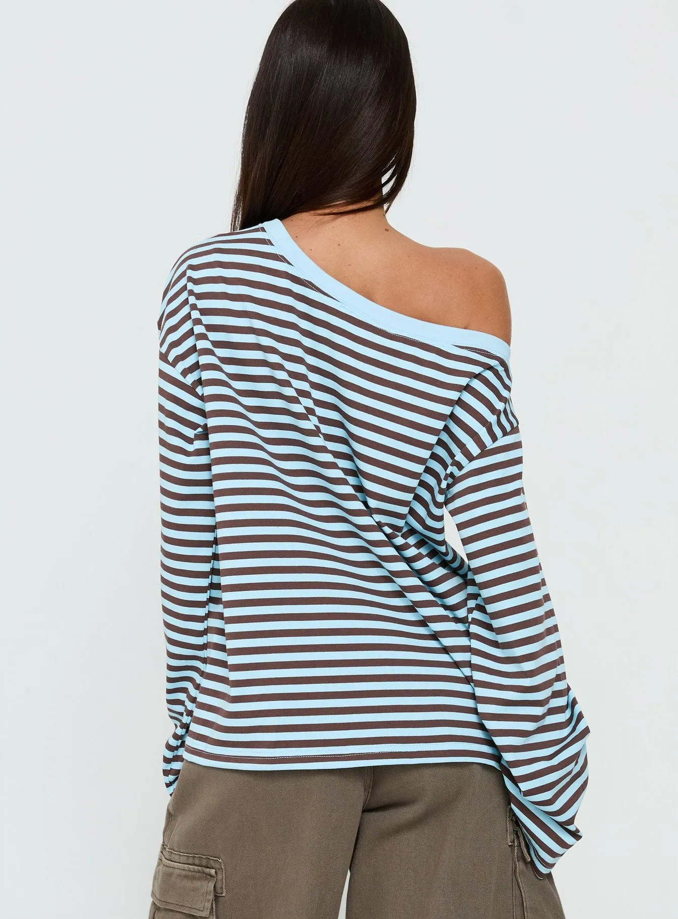 Settle Down One Shoulder Long Sleeve Top Chocolate / Blue Stripe sold by Princess Polly product image thumbnail 5