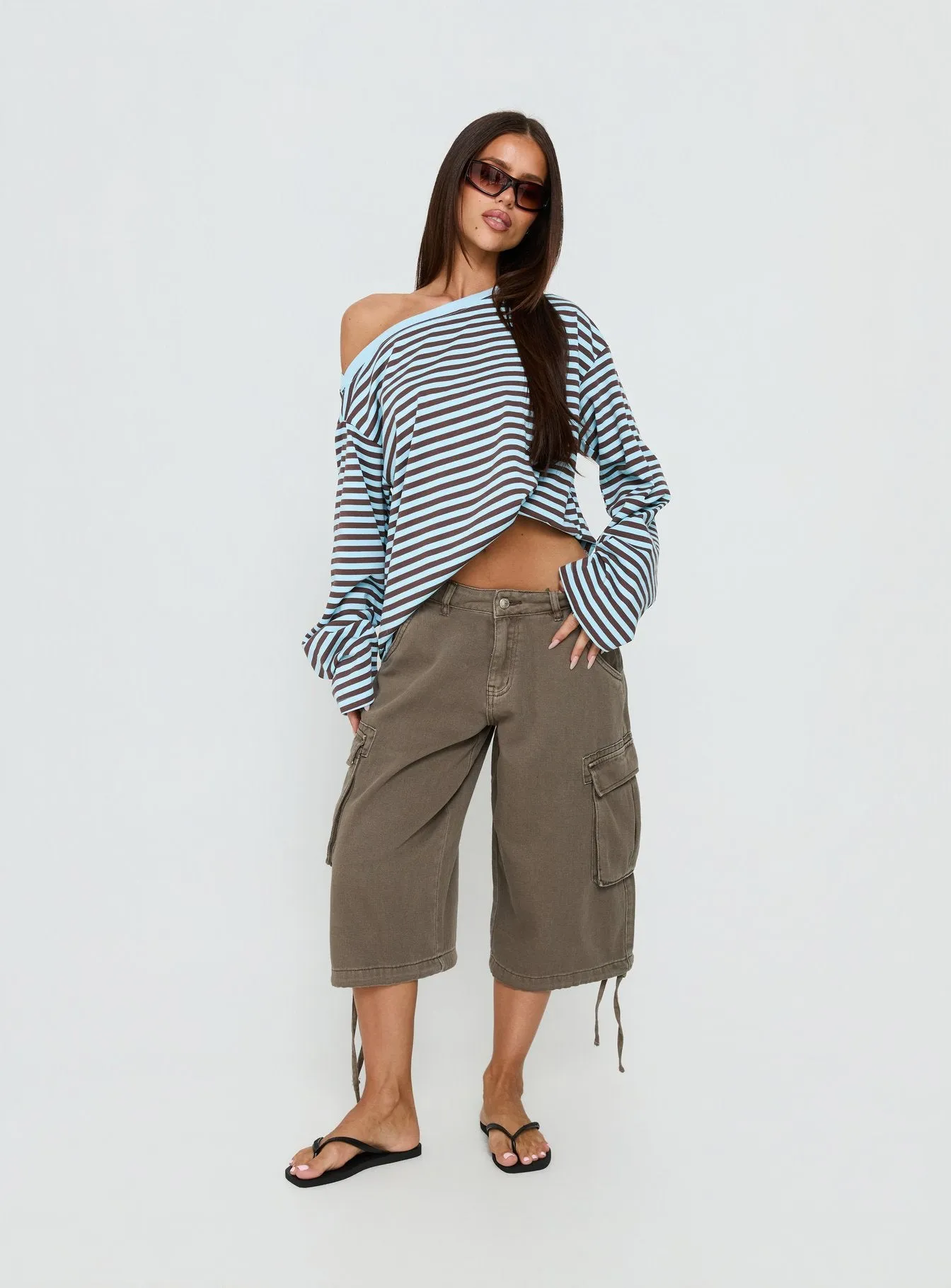 Settle Down One Shoulder Long Sleeve Top Chocolate / Blue Stripe sold by Princess Polly product image thumbnail 3