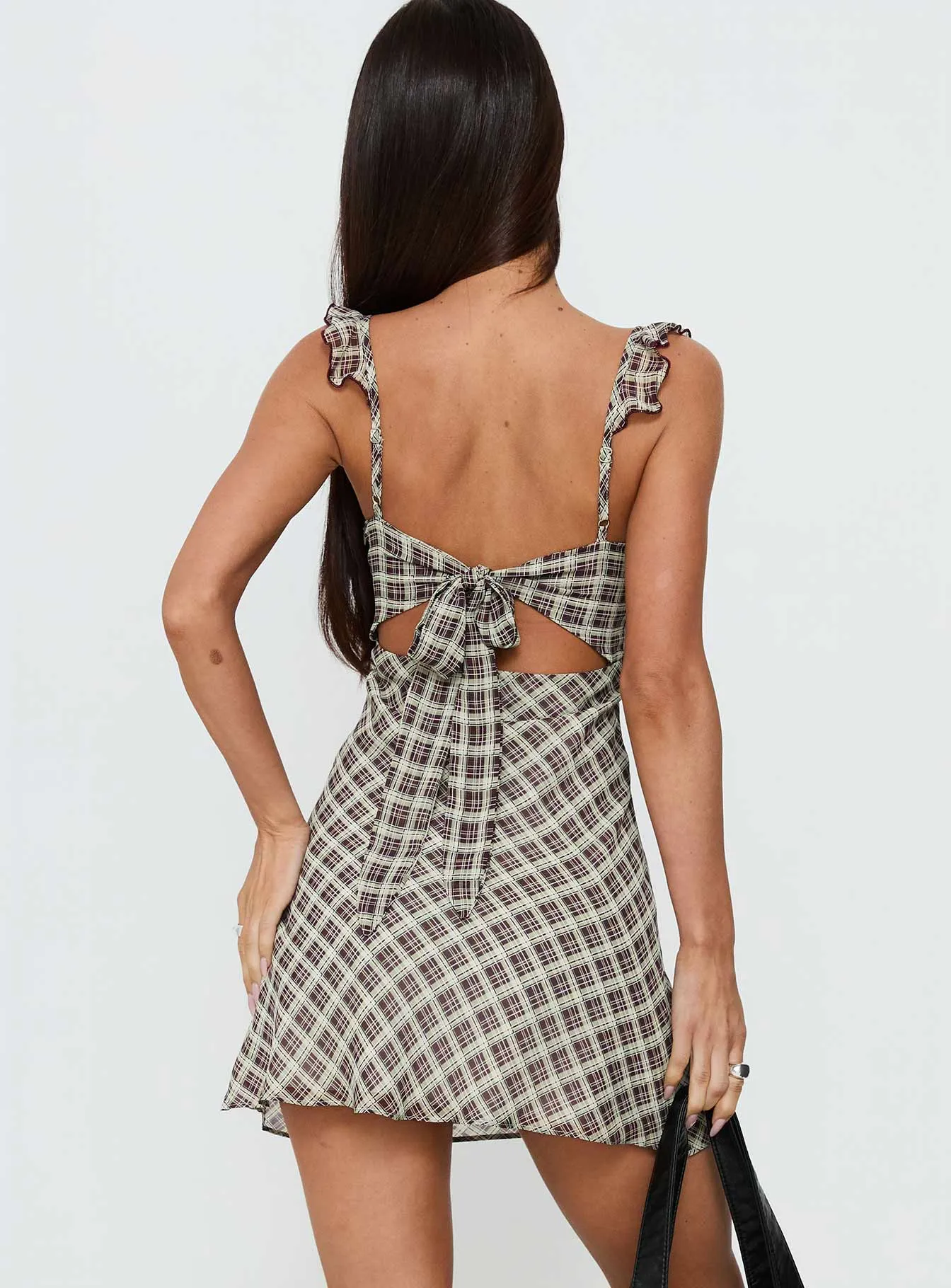 Zayliah Frill Detail Mini Dress Wine Check sold by Princess Polly product image thumbnail 4