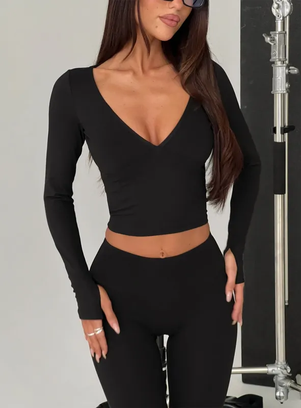 New Horizons Long Sleeve V Neck Top Black made by Princess Polly
