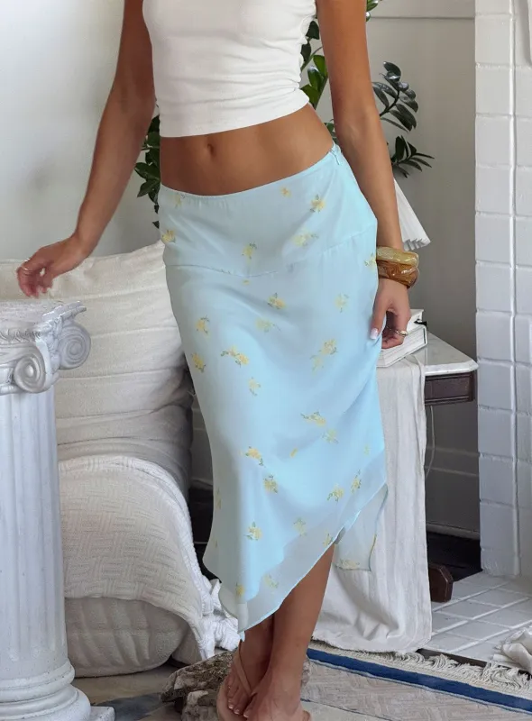 Daphene Asymmetrical Midi Skirt Blue Floral made by Princess Polly
