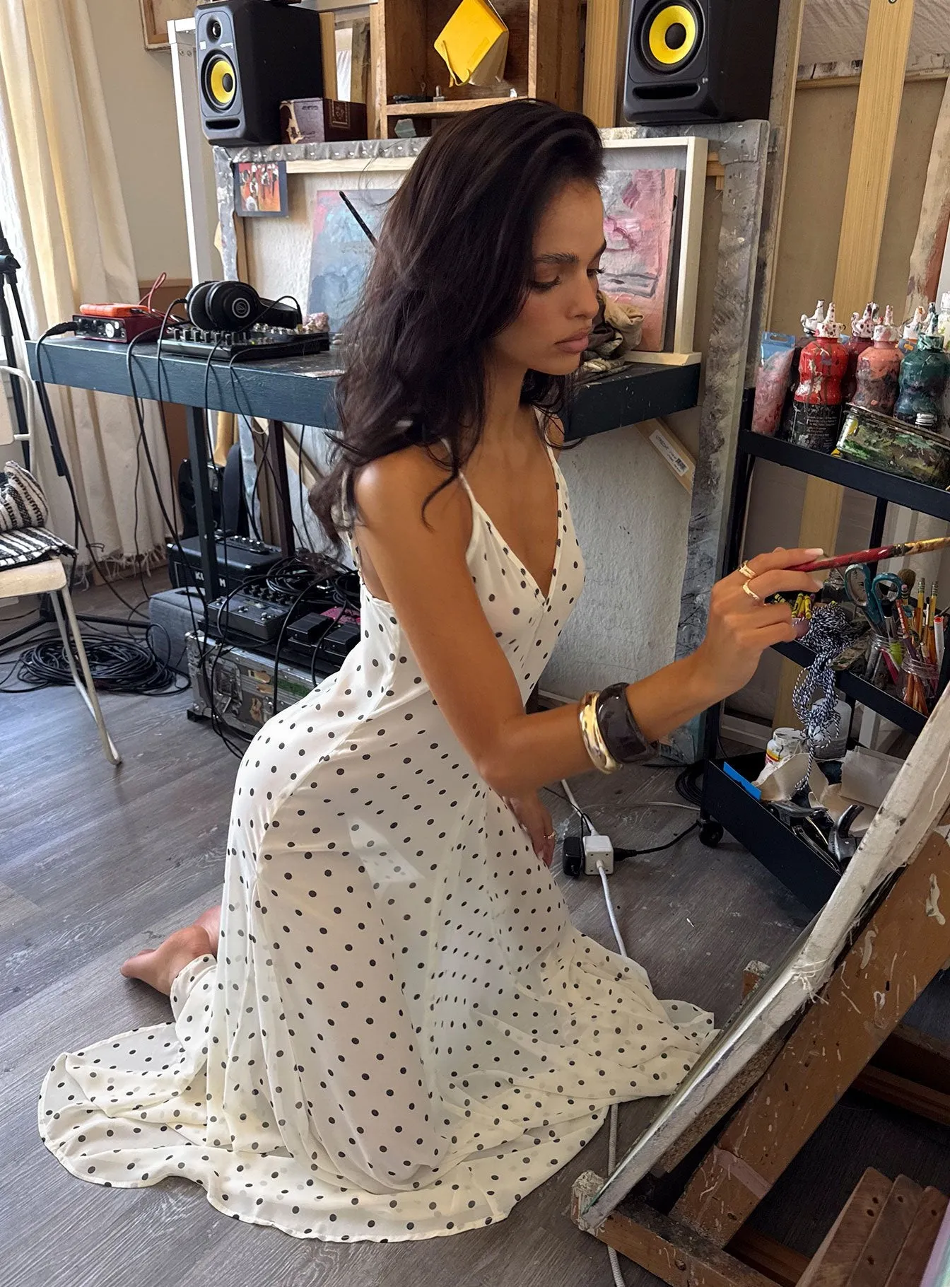 Loulah Sheer Chiffon Maxi Dress Cream Polka Dot sold by Princess Polly