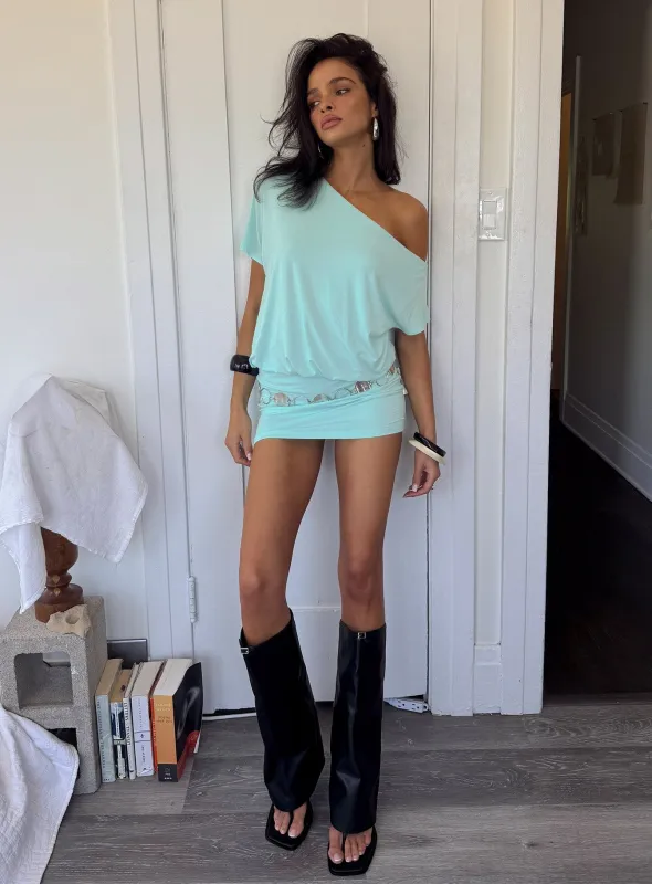 Jamelle Off Shoulder Mini Dress Aqua Blue made by Princess Polly