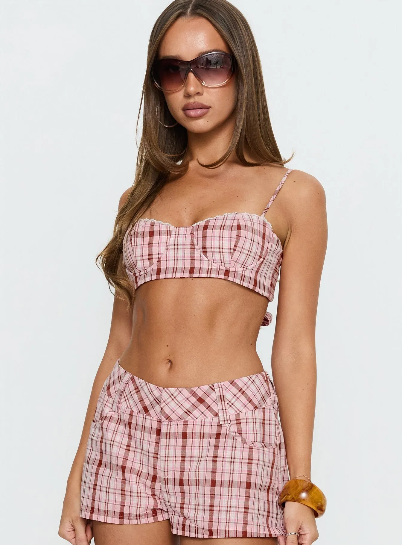 Kosi Micro Crop Bra Top Pink Check sold by Princess Polly product image thumbnail 2