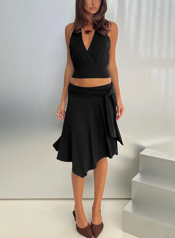 Soft Focus Tie Waist Midi Skirt Black made by Princess Polly